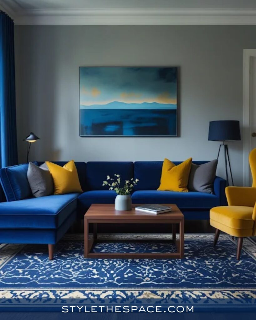 Modern Navy Blue Living Room with Mustard Accents