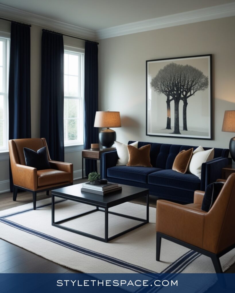 Timeless Navy Blue Living Room with Leather Accents