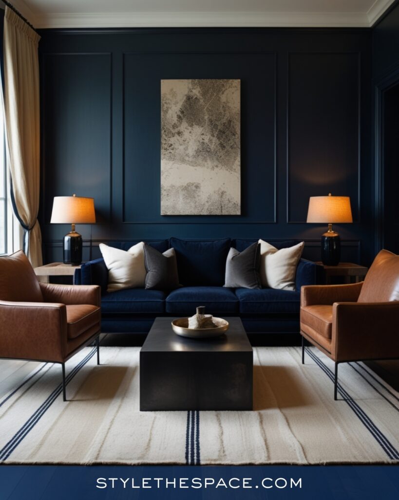 Timeless Navy Blue Living Room with Leather Accents