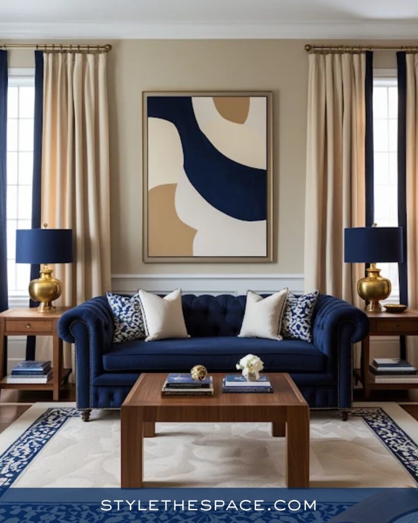 Classic Navy Blue Living Room with Warm Neutrals
