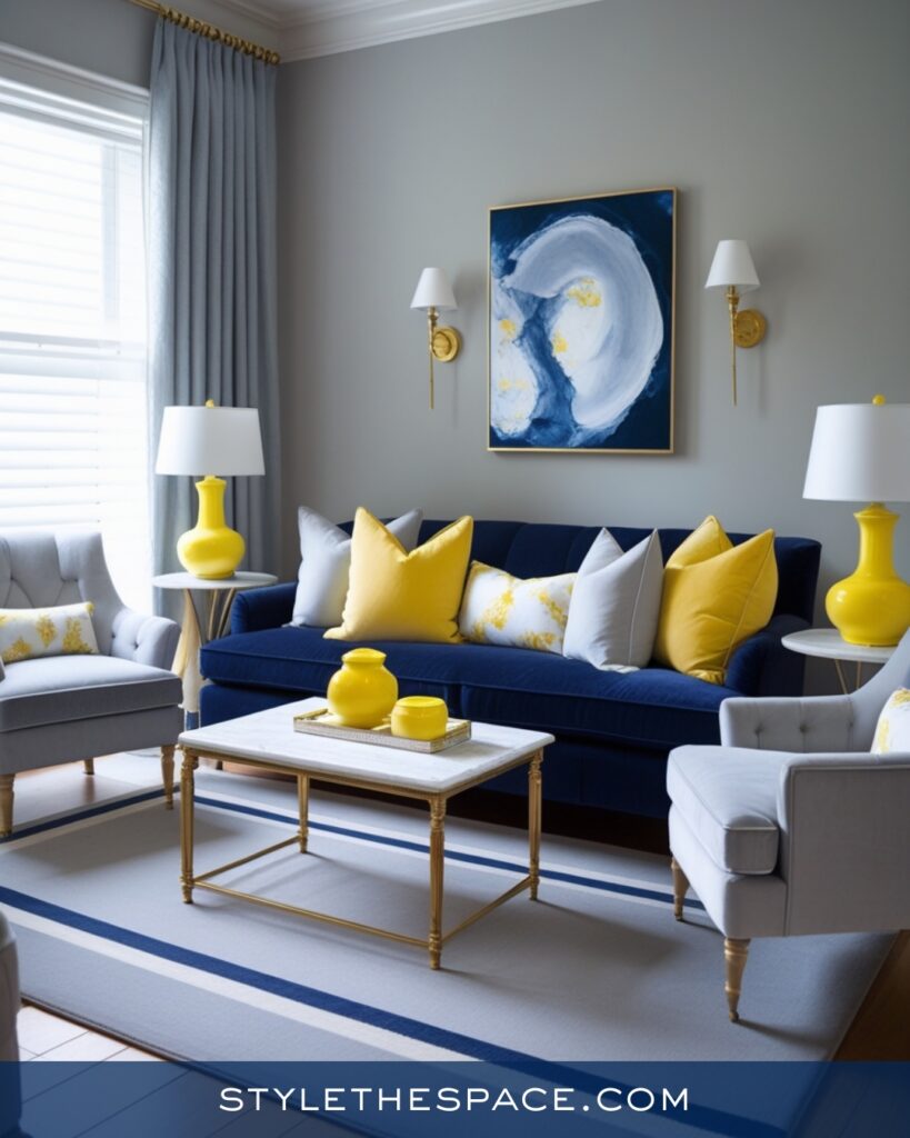 Elegant Navy Blue Living Room with Soft Yellow Accents