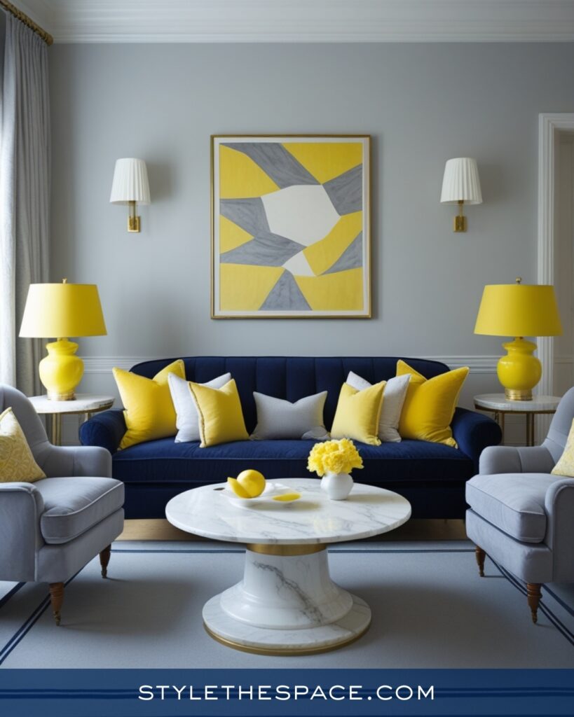 Elegant Navy Blue Living Room with Soft Yellow Accents