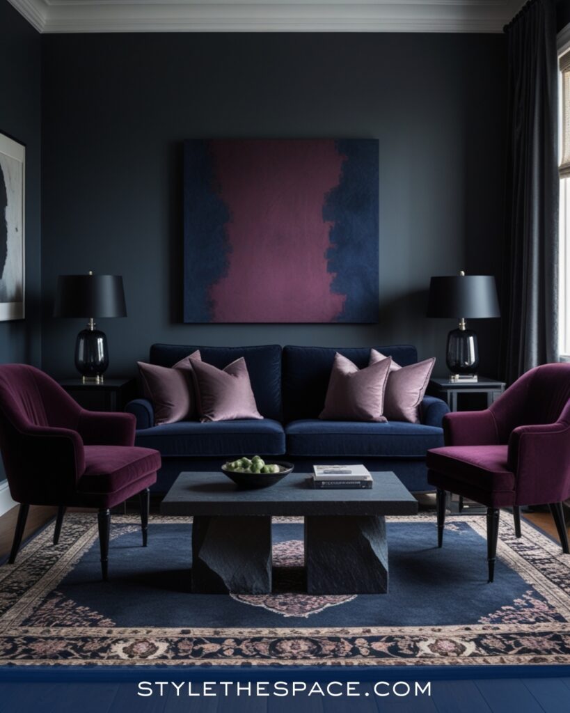 Moody Navy Blue Living Room with Plum Accents