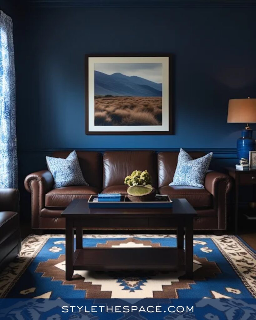 Classic Navy Blue Living Room with Brown Leather Warmth