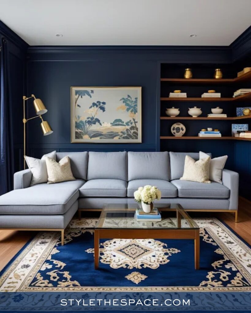 Navy Blue Living Room with Soft Gray and Built-In Shelving
