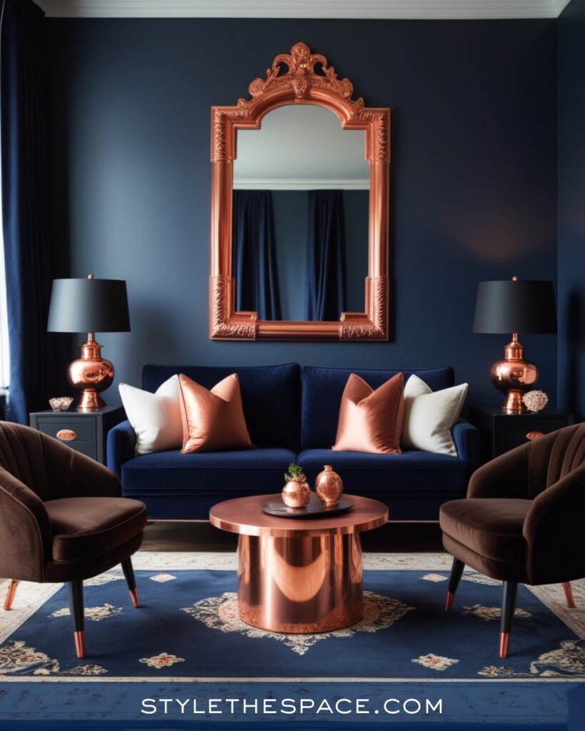 Navy Blue Living Room with Copper and Warm Metallic Accents