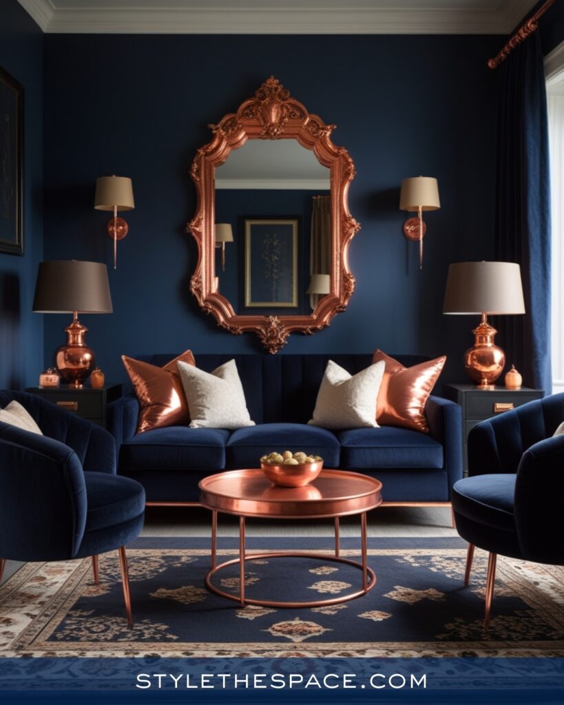 Navy Blue Living Room with Copper and Warm Metallic Accents