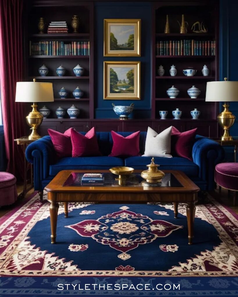 Classic Navy Blue Living Room with Burgundy and Brass Accents