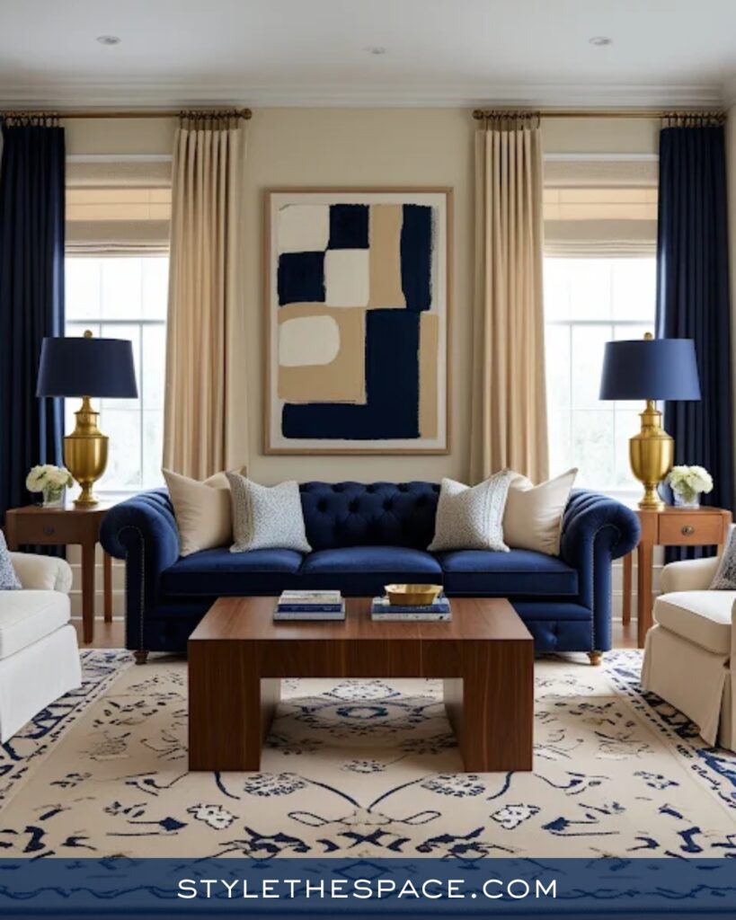 Classic Navy Blue Living Room with Warm Neutrals