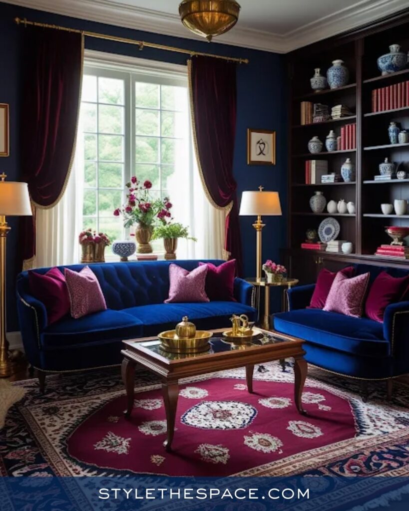 Classic Navy Blue Living Room with Burgundy and Brass Accents