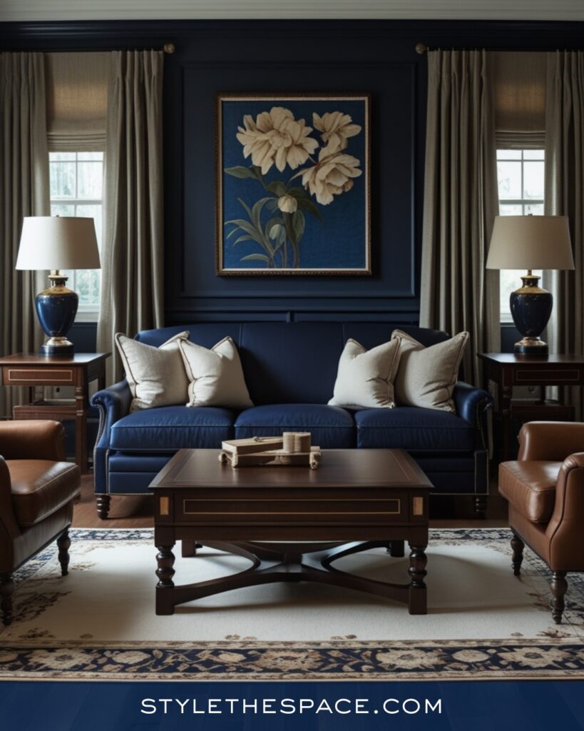 Traditional Navy Blue Living Room with Warm Neutrals