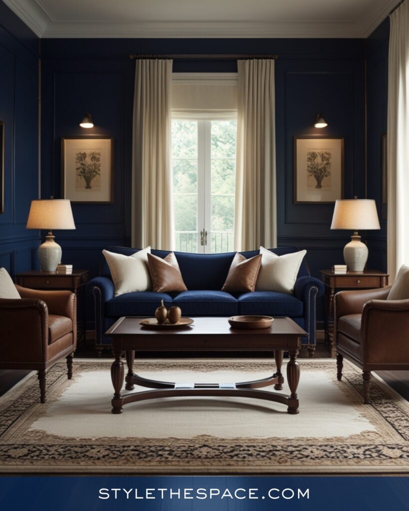 Traditional Navy Blue Living Room with Warm Neutrals
