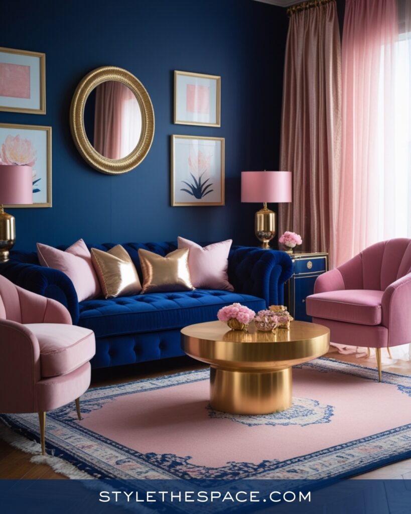 Navy Blue Living Room with Blush Pink and Gold Accents