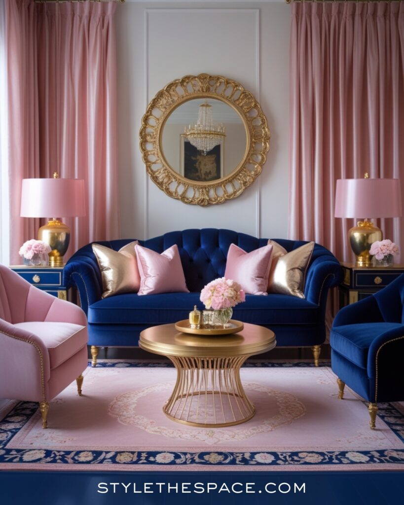 Navy Blue Living Room with Blush Pink and Gold Accents