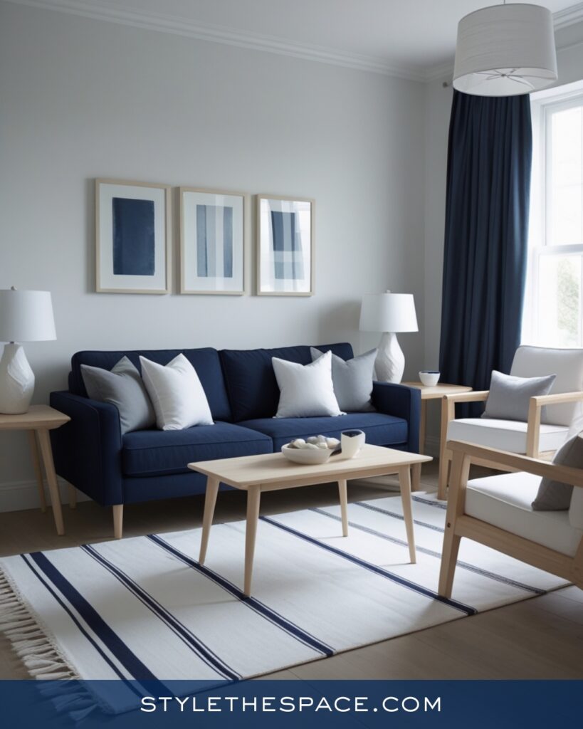 Minimal Navy Blue Living Room with Light Wood and White