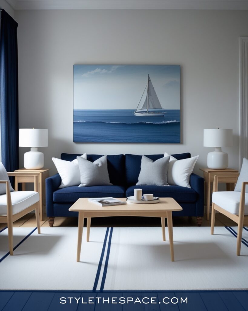 Minimal Navy Blue Living Room with Light Wood and White
