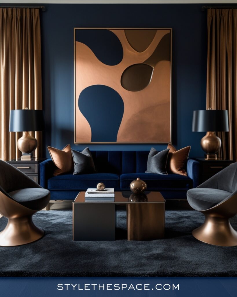 Modern Navy Blue Living Room with Bronze Accents