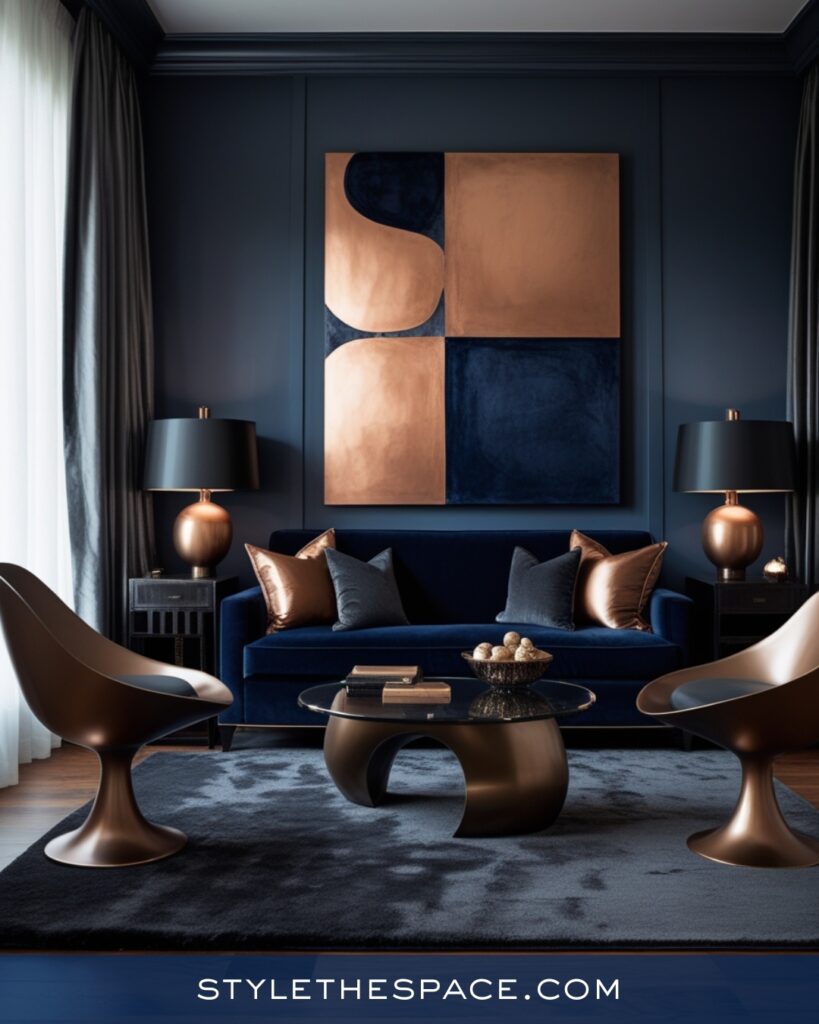 Modern Navy Blue Living Room with Bronze Accents