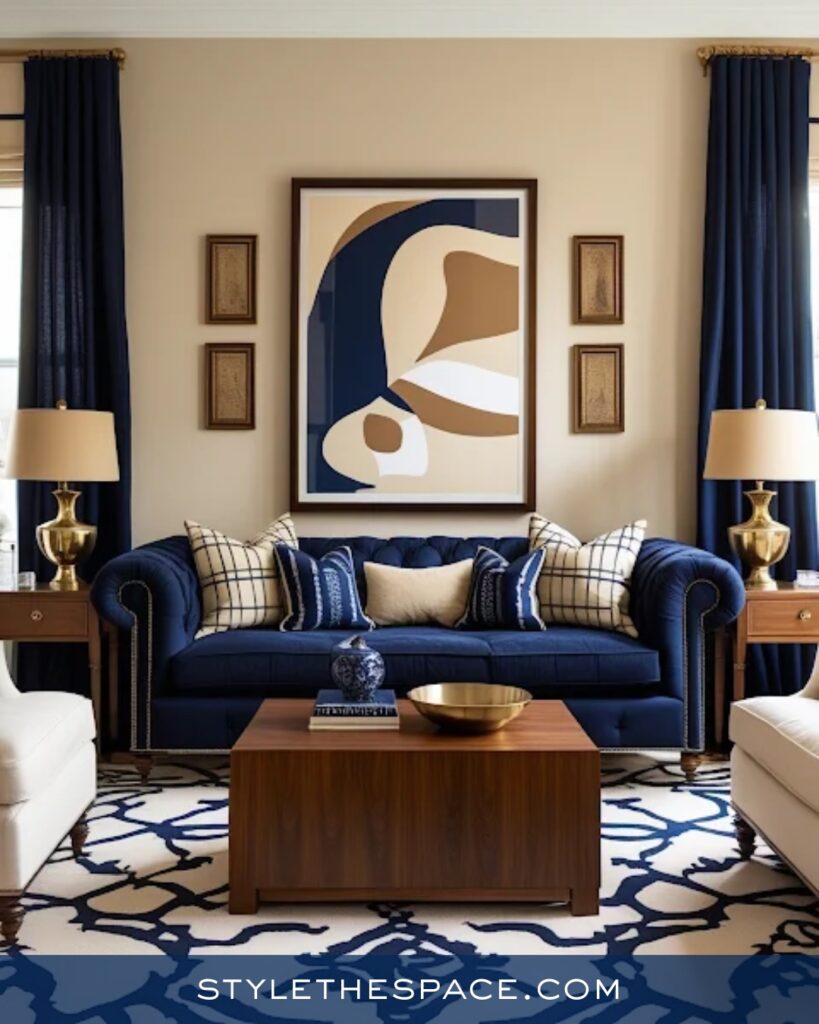 Classic Navy Blue Living Room with Warm Neutrals