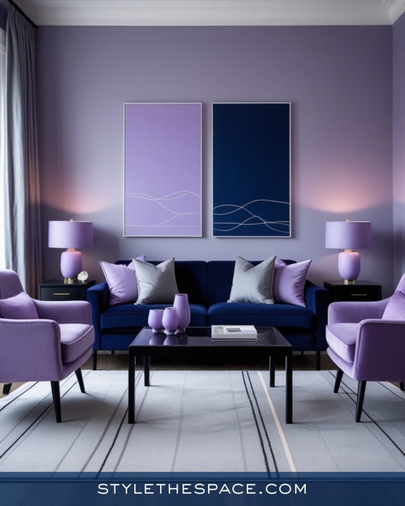 Navy Blue Living Room with Soft Lavender Accents
