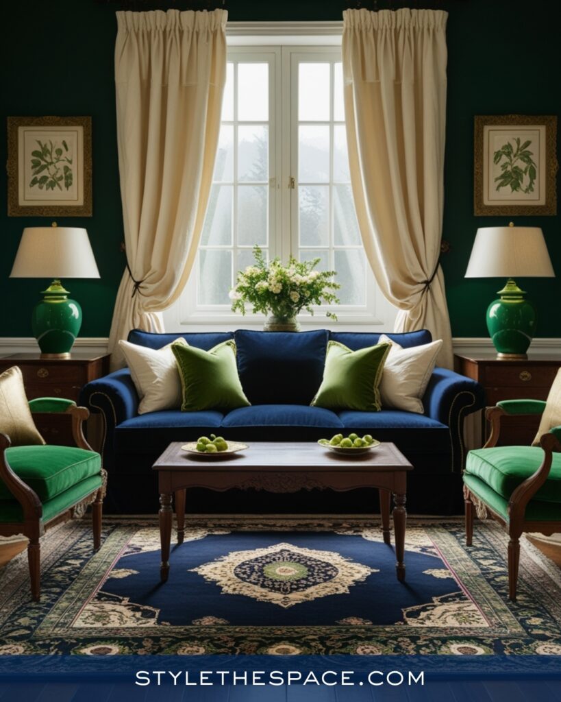 Navy Blue Living Room with Emerald Green Accents
