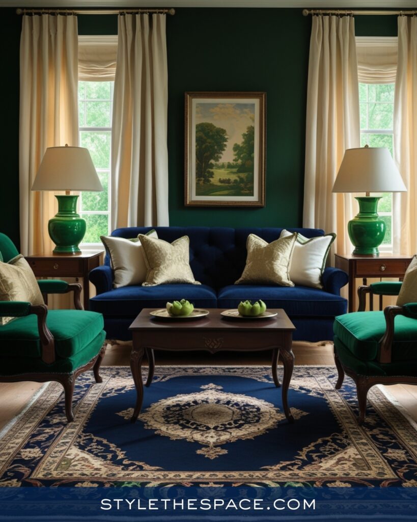 Navy Blue Living Room with Emerald Green Accents
