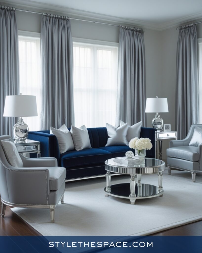 Navy Blue Living Room with Soft Gray and Silver Tones