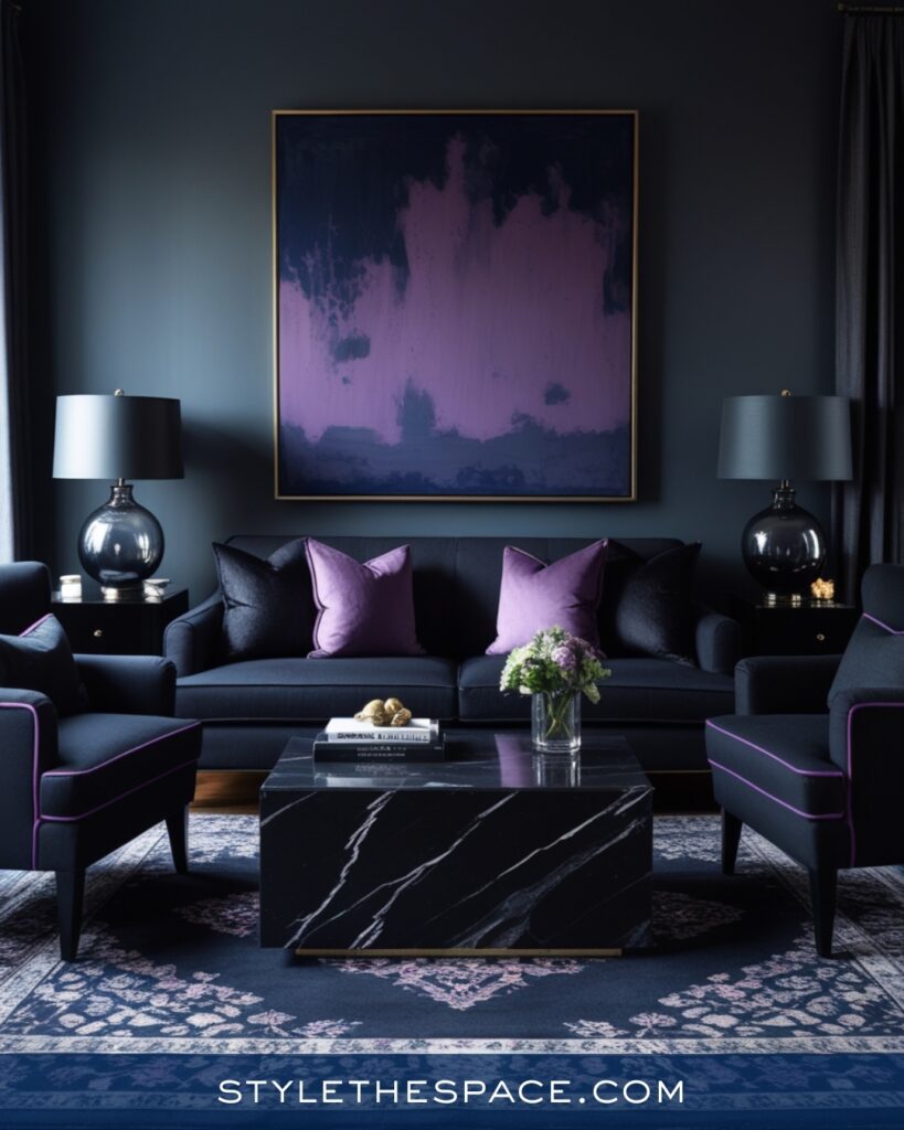Moody Navy Blue Living Room with Plum Accents