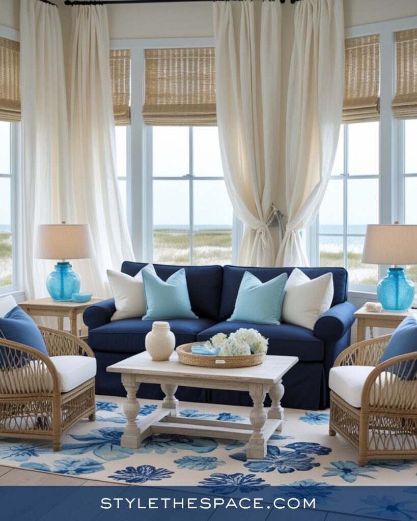 Coastal Navy Blue Living Room with Soft Blue and Natural Textures