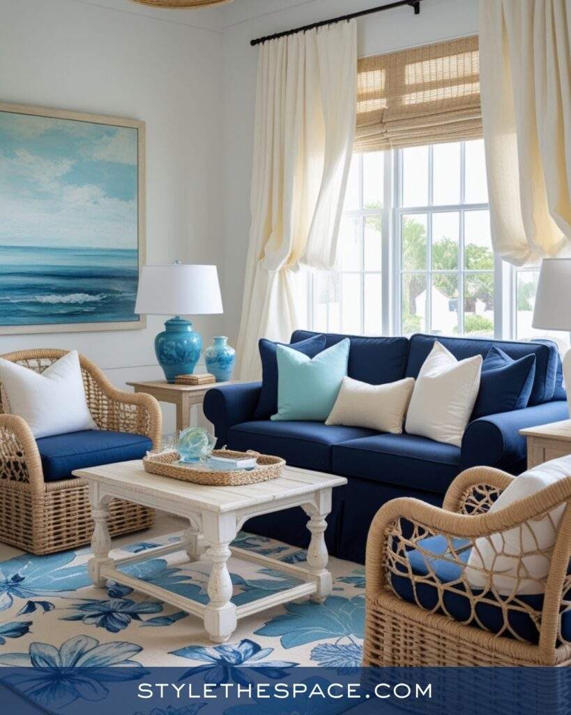 Coastal Navy Blue Living Room with Soft Blue and Natural Textures