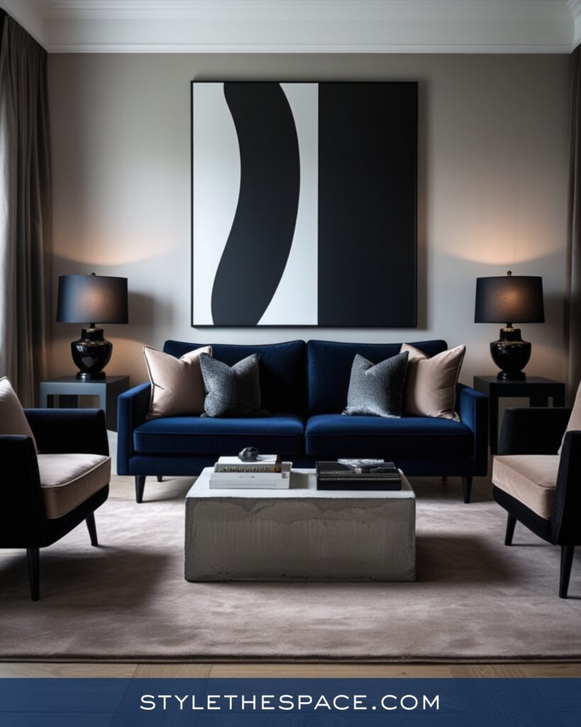Modern Navy Blue Living Room with Soft Neutrals