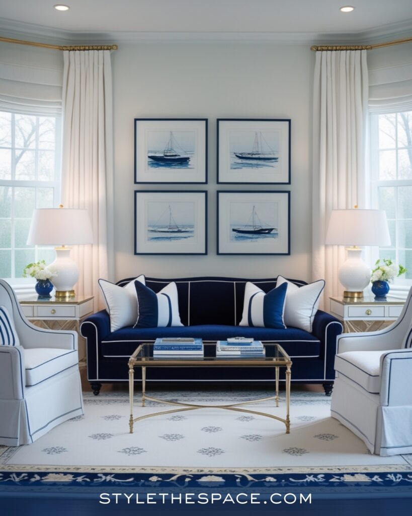 Coastal Navy Blue Living Room with Crisp White Layers