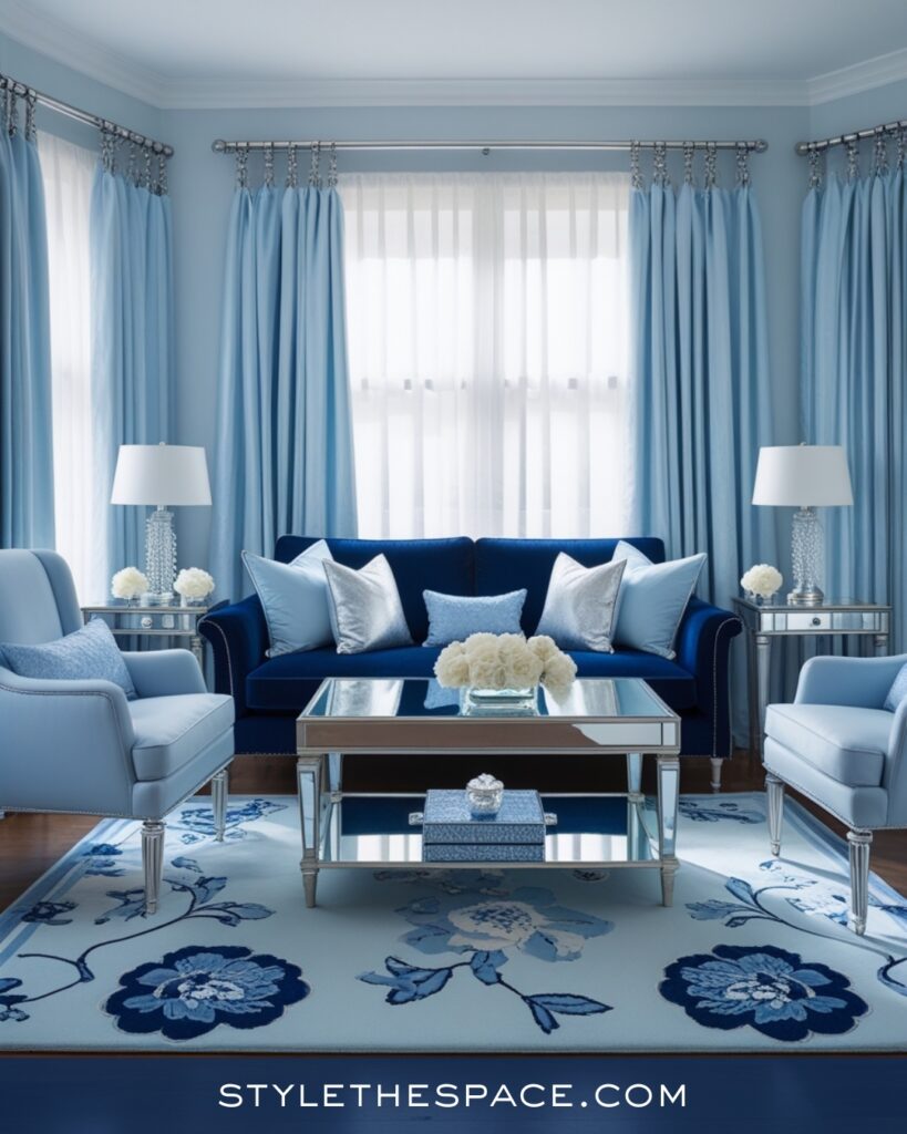 Elegant Navy Blue Living Room with Layered Blues