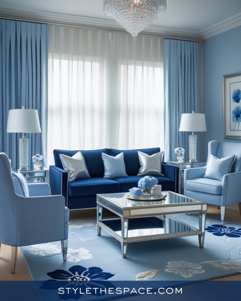 Elegant Navy Blue Living Room with Layered Blues