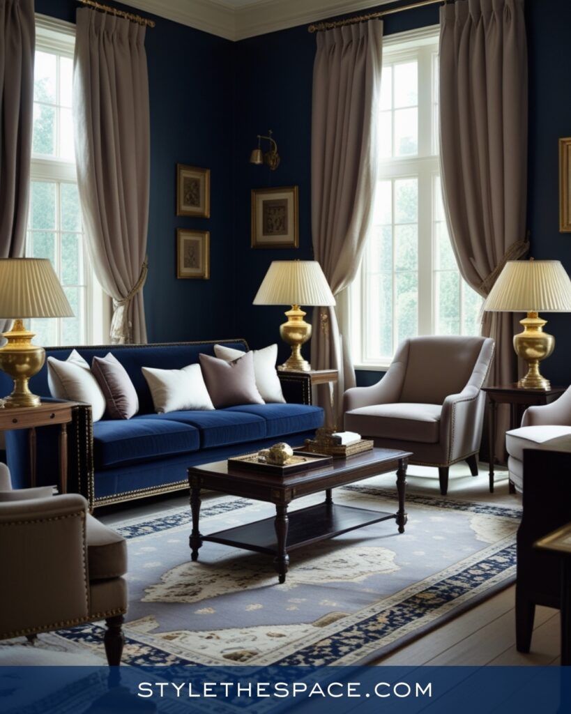 Classic Navy Blue Living Room with Warm Neutrals