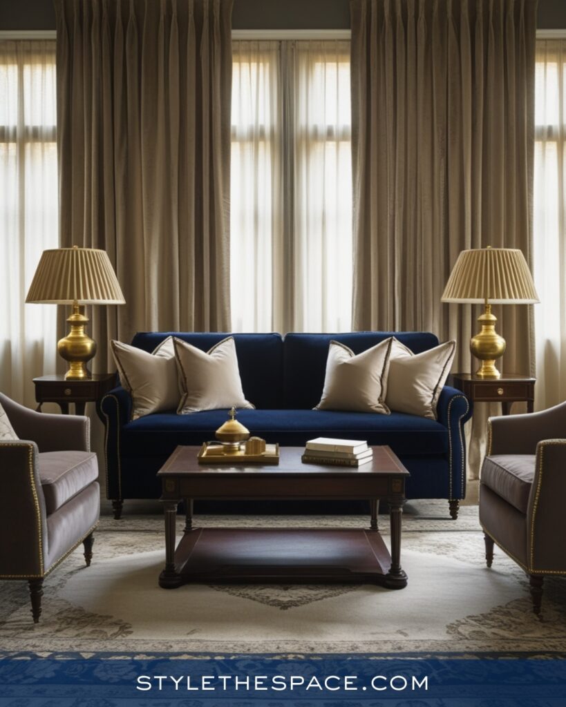 Classic Navy Blue Living Room with Warm Neutrals