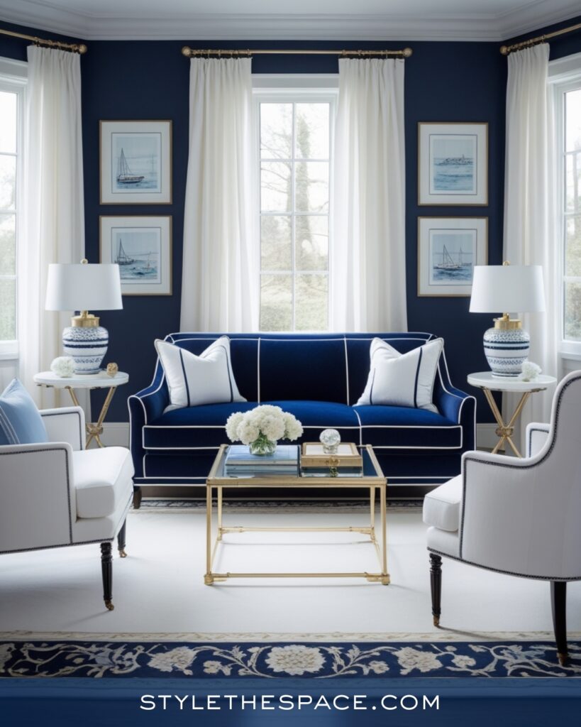 Coastal Navy Blue Living Room with Crisp White Layers