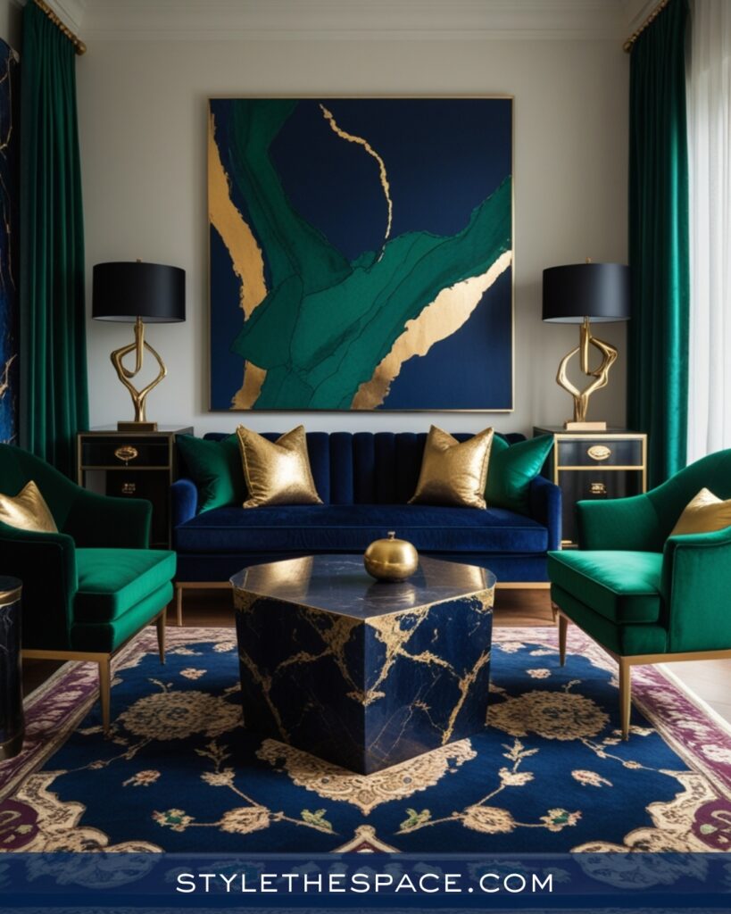 Luxury Navy Blue Living Room with Emerald and Gold Accents