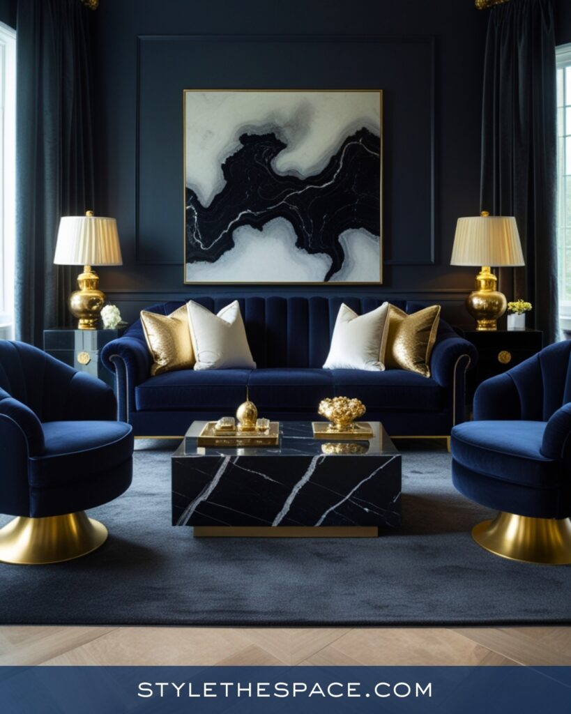 Elegant Navy Blue Living Room with Gold Accents
