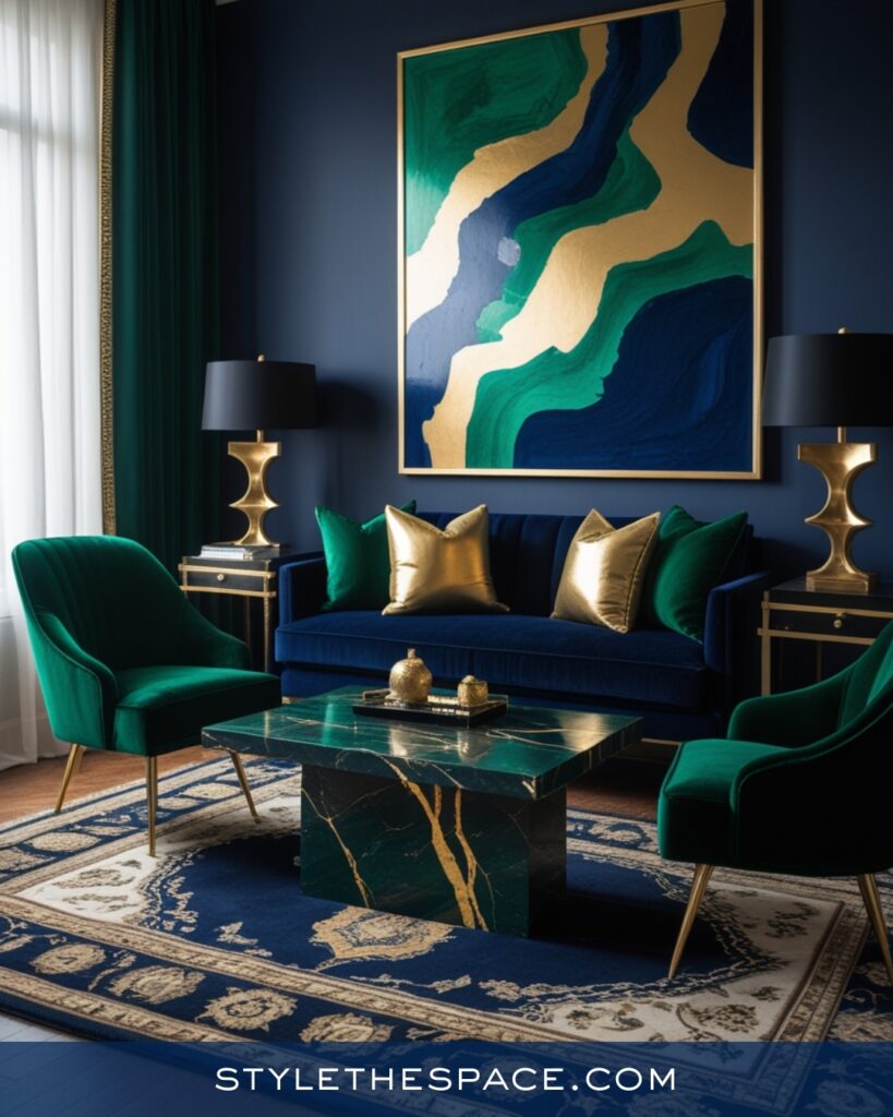 Luxury Navy Blue Living Room with Emerald and Gold Accents