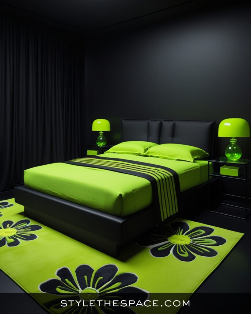Black Bedroom With Bold Green Accents