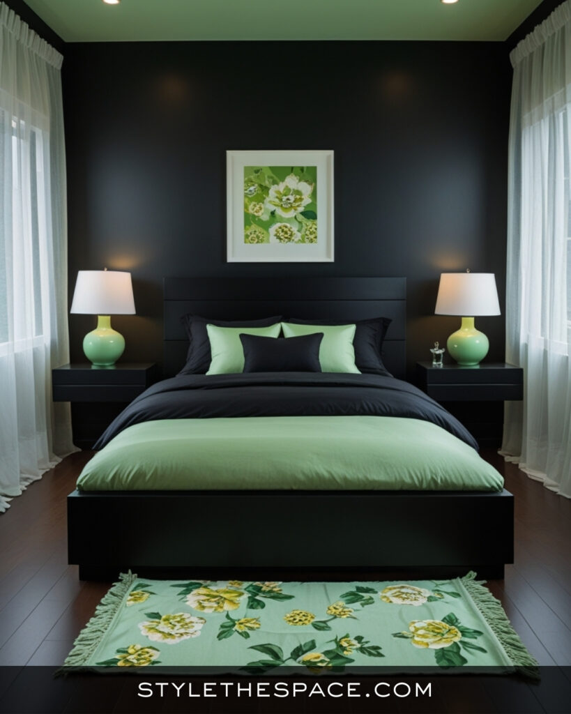 Black Bedroom With Soft Sage Green Accents