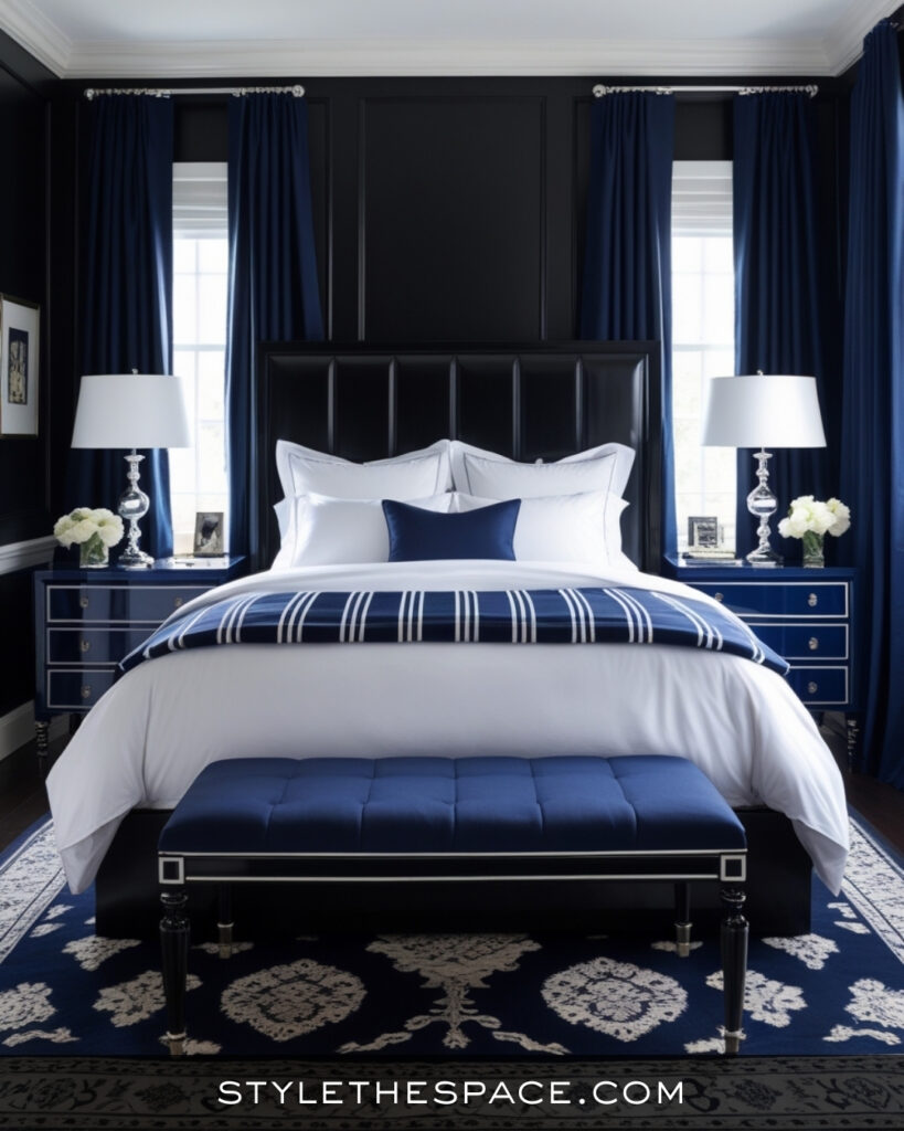 Black Bedroom With Navy Blue and Crisp White Layers