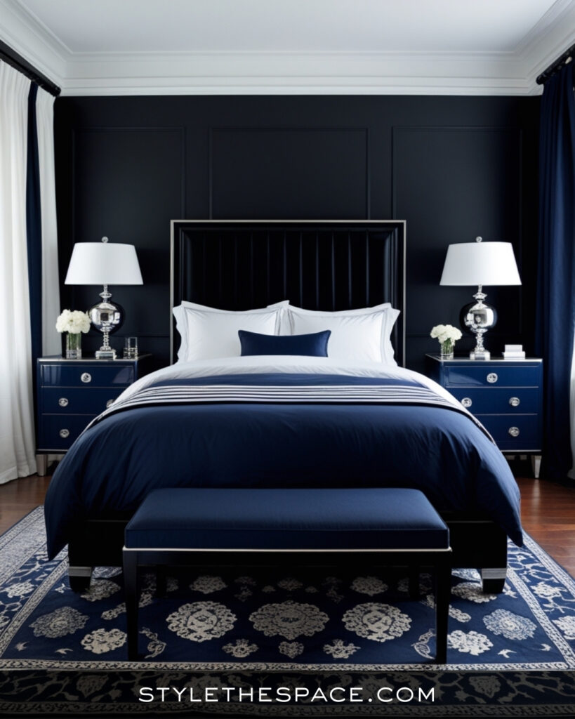 Black Bedroom With Navy Blue and Crisp White Layers