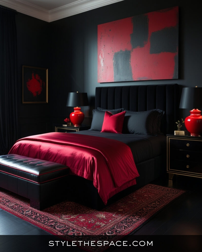 Black Bedroom With Deep Red and Dramatic Accents