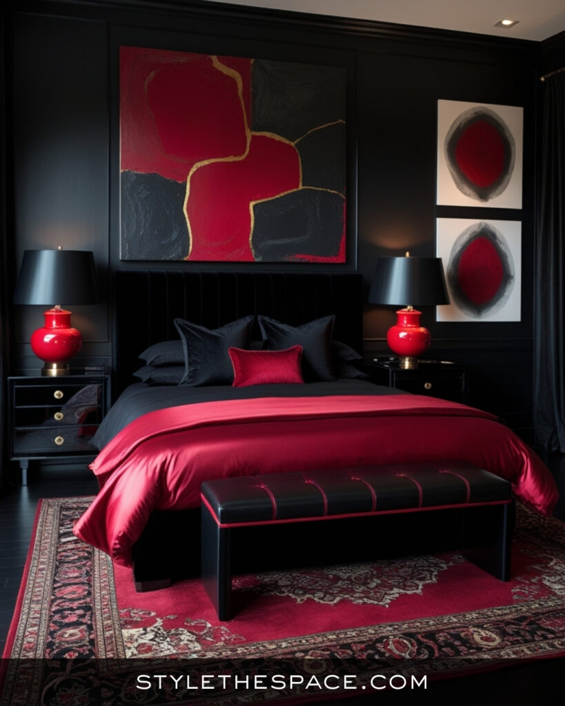 Black Bedroom With Deep Red and Dramatic Accents