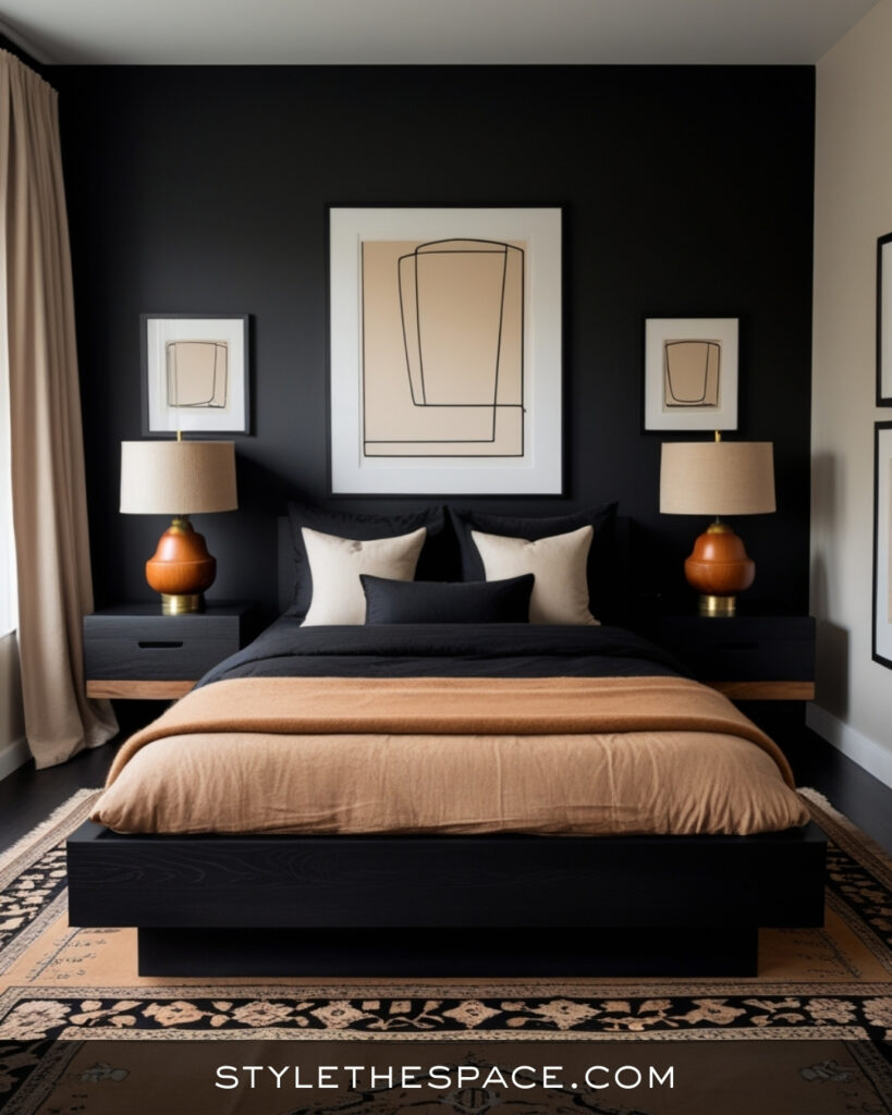 Black Bedroom With Warm Tan and Minimalist Accents
