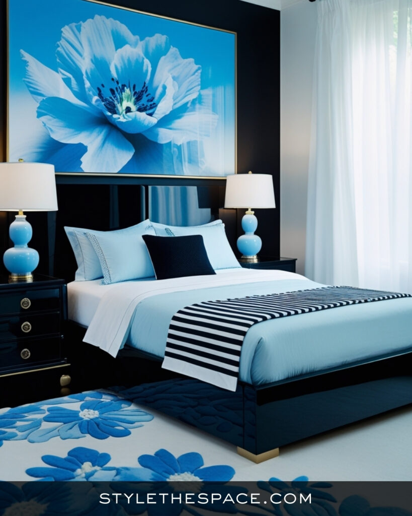 Black Bedroom With Soft Blue and Fresh White Accents