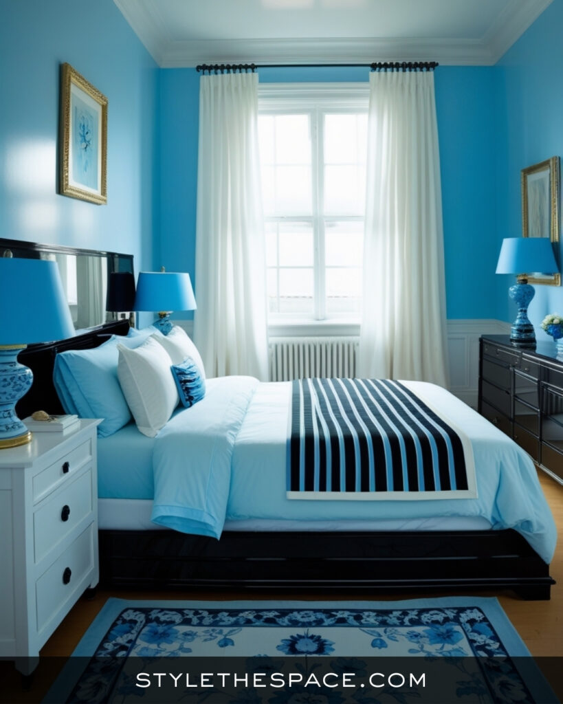 Black Bedroom With Soft Blue and Fresh White Accents