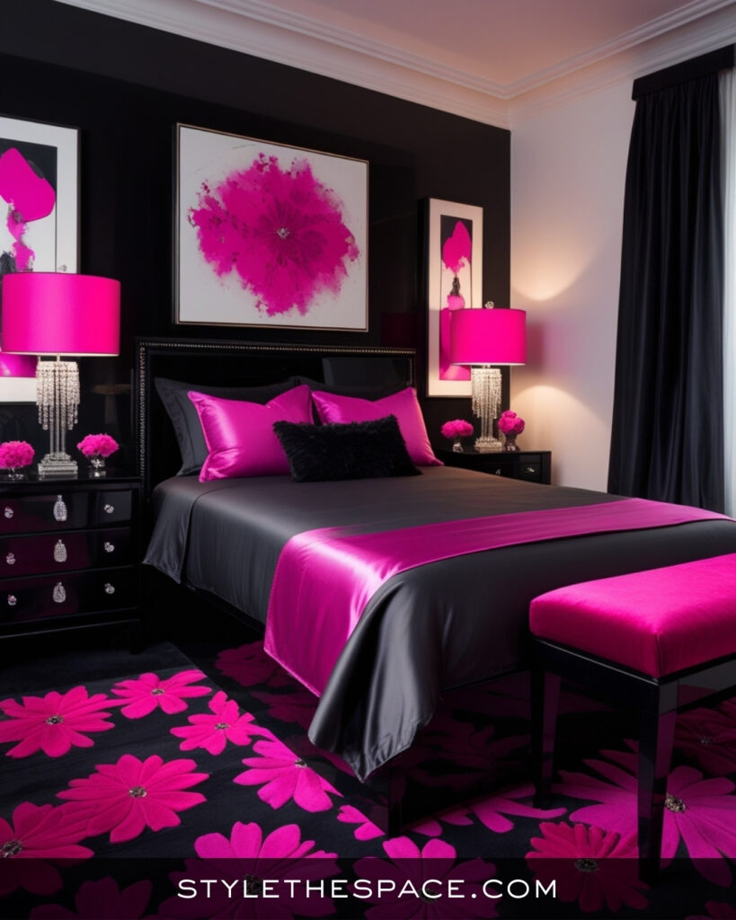Black Bedroom With Bold Hot Pink Accents